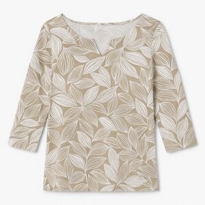 Hearts of Palm Size Medium Taupe & White Leaf Print 3/4 Sleeve Cotton Top
